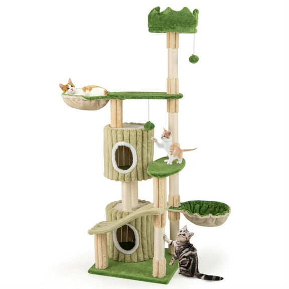 Demi Bonn 63" Cat Tree with Toy, Cat Tower Condo for Indoor Cats with 2 Condos, Cozy Hammock and Sisal Scratching Posts, Green