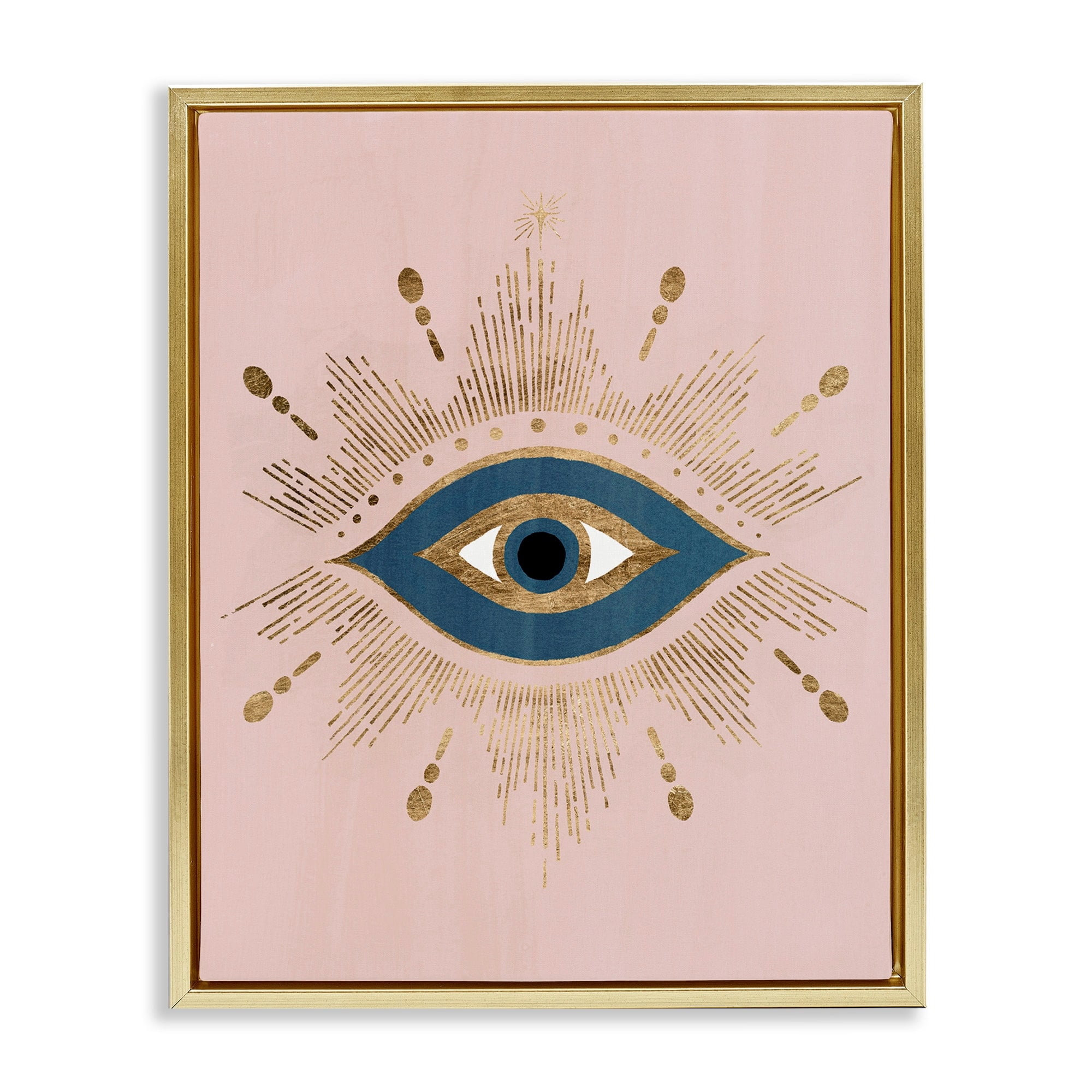 Stupell Industries Evil Eye Glam Boho Pattern Bold Blue Pink Metallic Gold Framed Floating Canvas Wall Art, 16x20, by Grace Popp