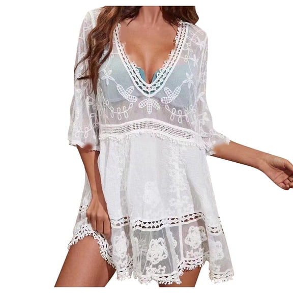 Posijego Women's Swimsuit Lace Cover Up V Neck Bikini Beach Dress Swim Bathing Suit Coverups Summer Cover-ups