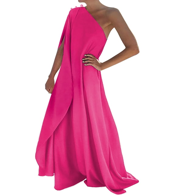 Vestido largo boho de un solo hombro para mujer - Color liso, fluido - Informal/playa/vacaciones - Mezcla de poliéster y spandex