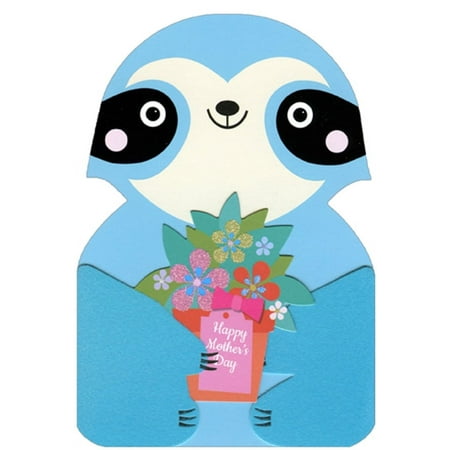 Pictura Fuzzy Blue Sloth Holding Flower Pot Die Cut Gate Fold Mother's Day Card for Mom