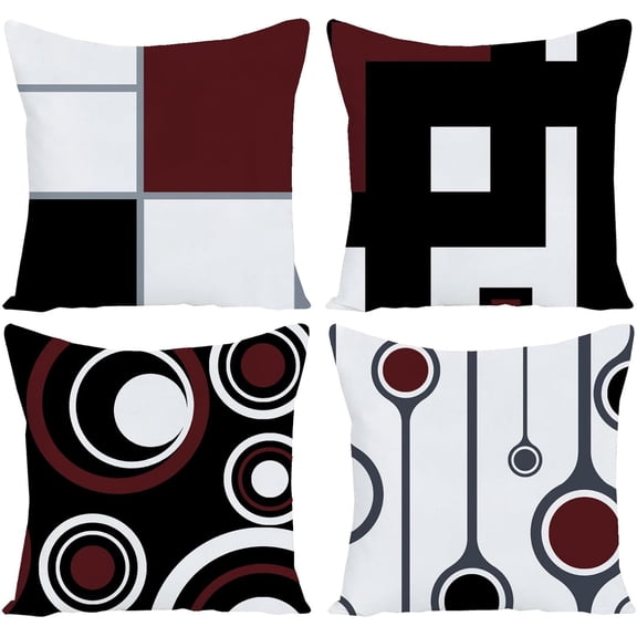 Set of 4 White Black Wine Red Modern Abstract Geometric Throw Pillow Covers 18x18 Inches Decorative Cushion Pillow Cases Square Pillowcases for Bed Sofa