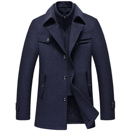 PuLe Jackets for Men Men s Solid Color Pocket Zipper Long Sleeved Double-layer Collar Wool Coat