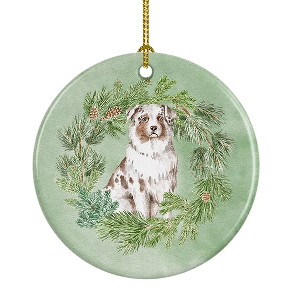 Australian Shepherd Red Merle Christmas Wreath Ceramic Ornament 2.8 in x 2.8 in