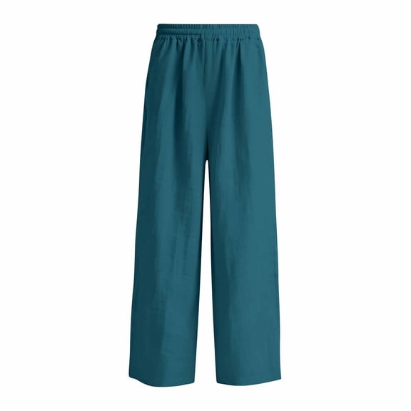 Elastic Waistlowy Casual Pants for Women Linen Wide Leg Trousers with Pockets Pants for Beach or Travel Turquoise L