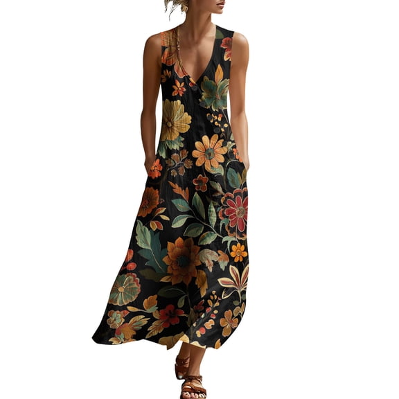 Noric Women's Printed Boho Floral Maxi Dress Sleeveless V-Neck Cami Style Casual Summer & Beach Wear Maxi Dress