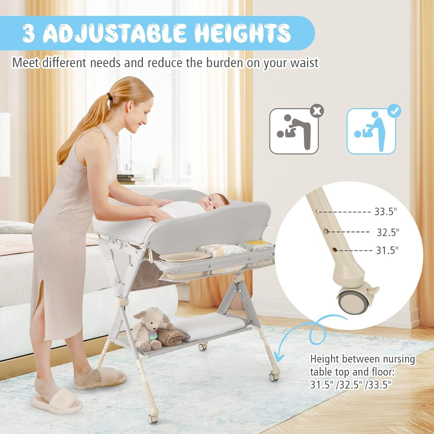 CHTER Portable Baby Changing Table, Foldable Diaper Changing Station w/Wheels, Adjustable Height, Large Storage Rack, Water Basin, Safety Belt, Mobile Nursery Organizer for Newborn Infant (Gray)