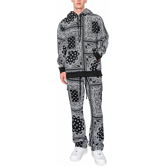 VICTORIOUS Men's Bandana Pullover Cargo Flared Fleece Set ST890 Black 2X-Large