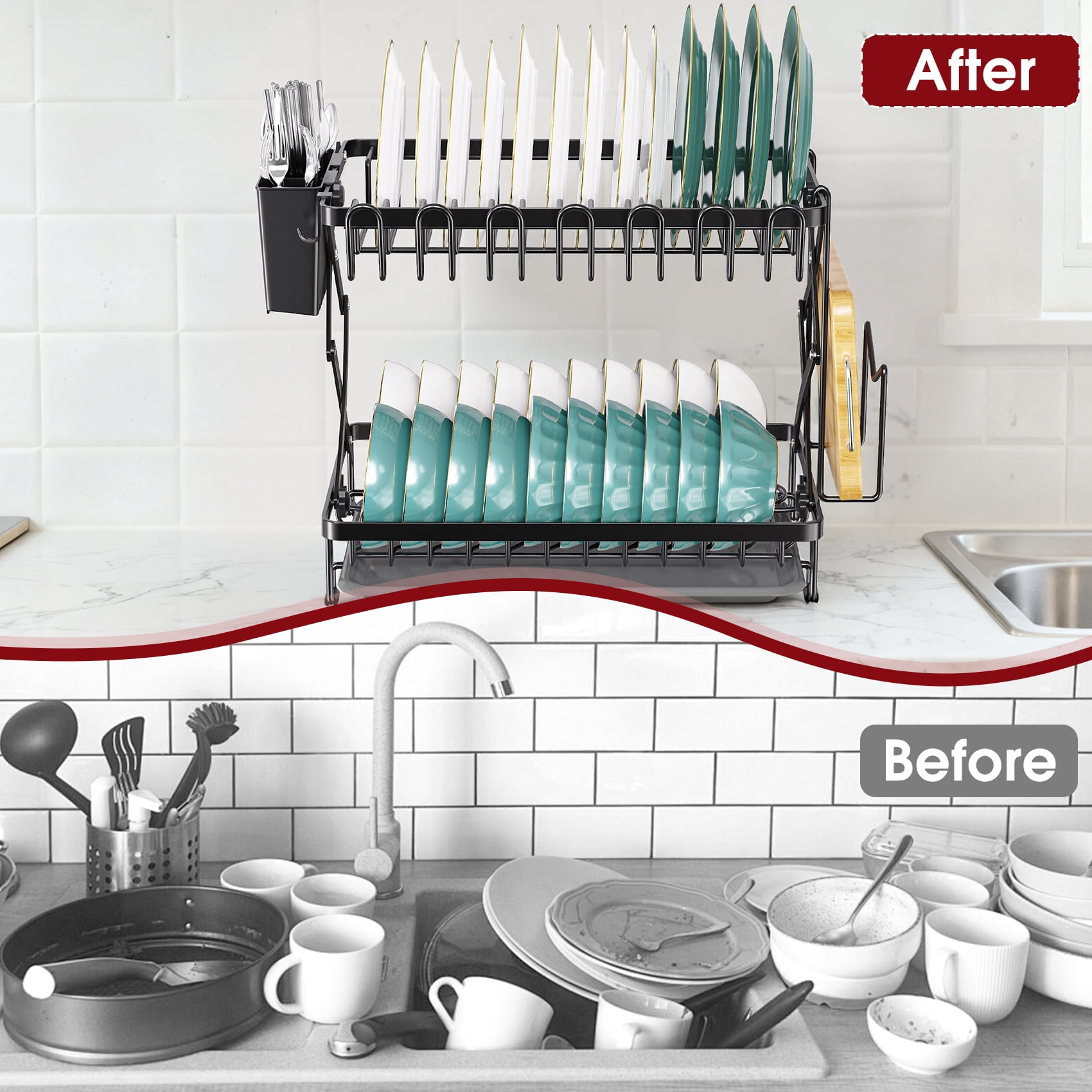Glovv 2-Tier Collapsible Dish Drying Rack, Large Dish Racks for Kitchen Counter, Dish Drainer Sink Organizer with Utensil Holder for Dishes, Spoons and Forks, Black