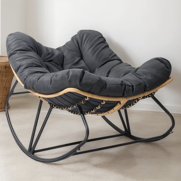 Oversized Outdoor Papasan Rocking Chair, Wicker Rattan Lounge Chair, Dark Gray