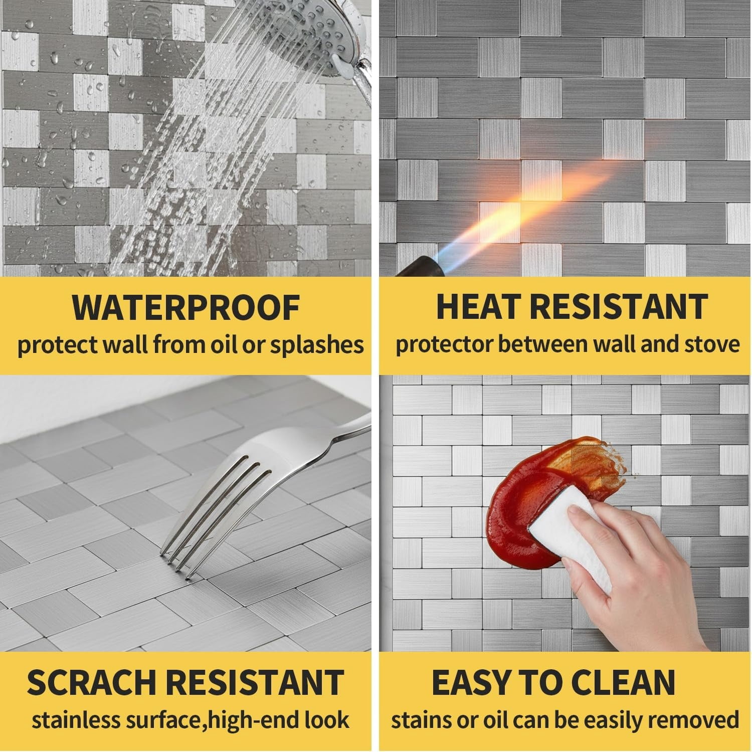 10-Sheets Peel and Stick Backsplashes for Kitchen, Stick on Backsplash Stainless Steel Metal Tiles for Kitchen Walls, Stainless Steel Backsplash for Range Hood Wall Shield (12''x12'')