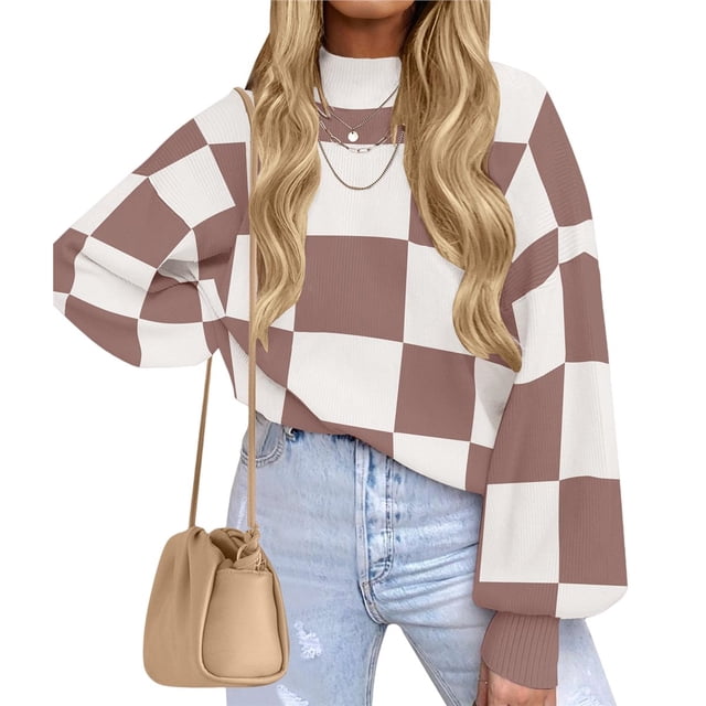 Suéter de Punto Acanalado de Larga con Cuello Alto y Corte Holgado para Mujer, Ideal para Otoño Rosa 4XL