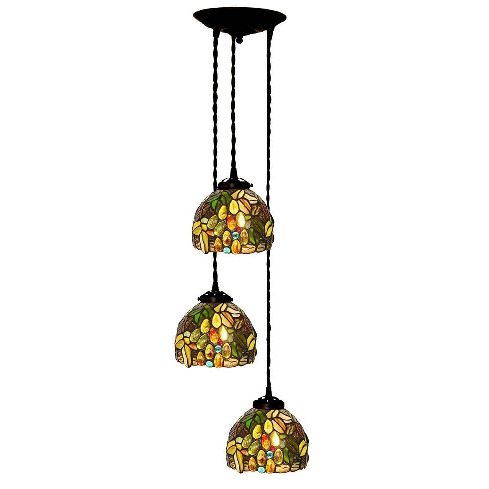 Bieye L10123 14-inches Grapes Tiffany Style Stained Glass Ceiling Pendant Fixture with 3-Light ...