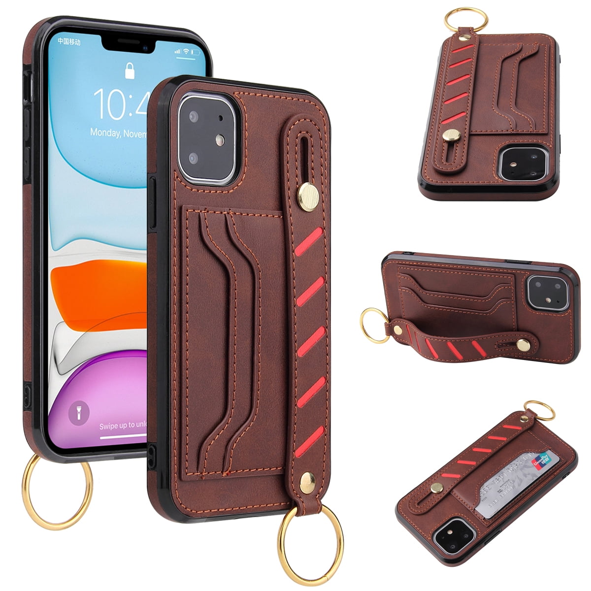 HR Wireless for Apple iPhone 14 6.1 Multi-functional Cards Slot Wrist Strap Vegan Leather Case Cover - Brown