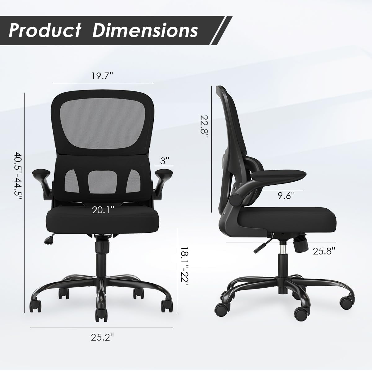 Farini Ergonomic Office Chair, Mesh Desk Chair with Lumbar Support, Comfy Computer Desk Chair with Flip Armrest Rolling Wheels for Home Study Room Office, Black & Black