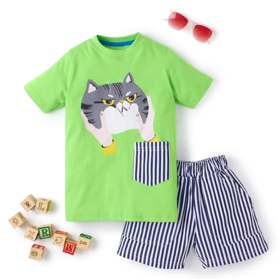 Knit N Knot Boys' Cat Printed Cotton T-shirt with Shorts | Casual Cotton Combo Set for Kids | Lime Green | 1 set