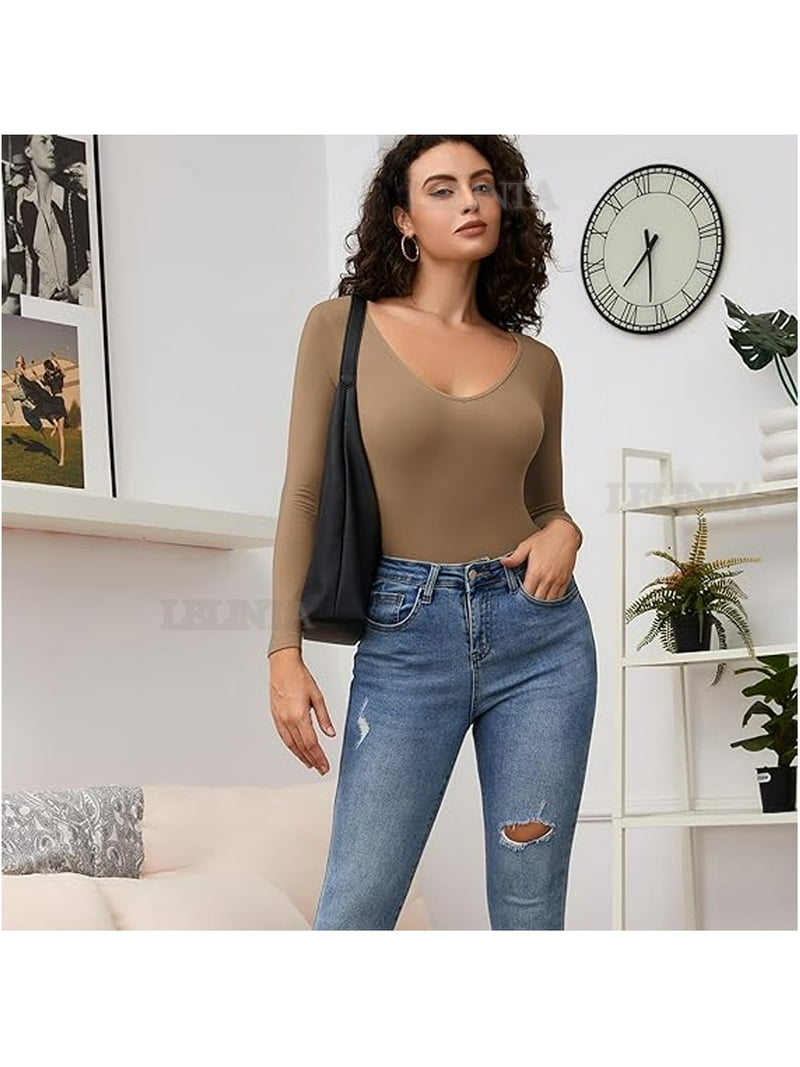LELINTA Women's Long Sleeve Bodysuit V Neck Body Suits