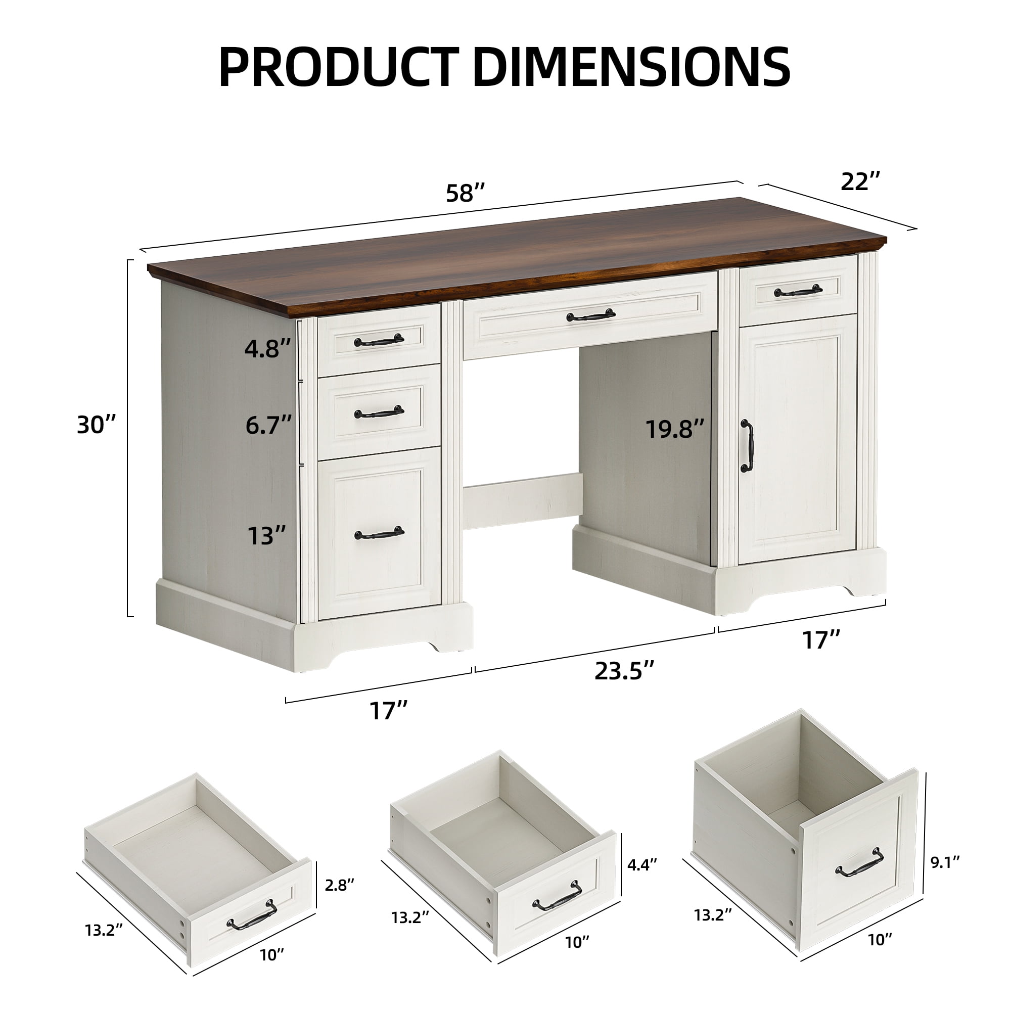 AHB 58-Inch Executive Desk, Farmhouse Computer Desk with Drawers and Storage Cabinet, Wooden Home Office Desk Workstation, Study Writing Desks, White & Brown