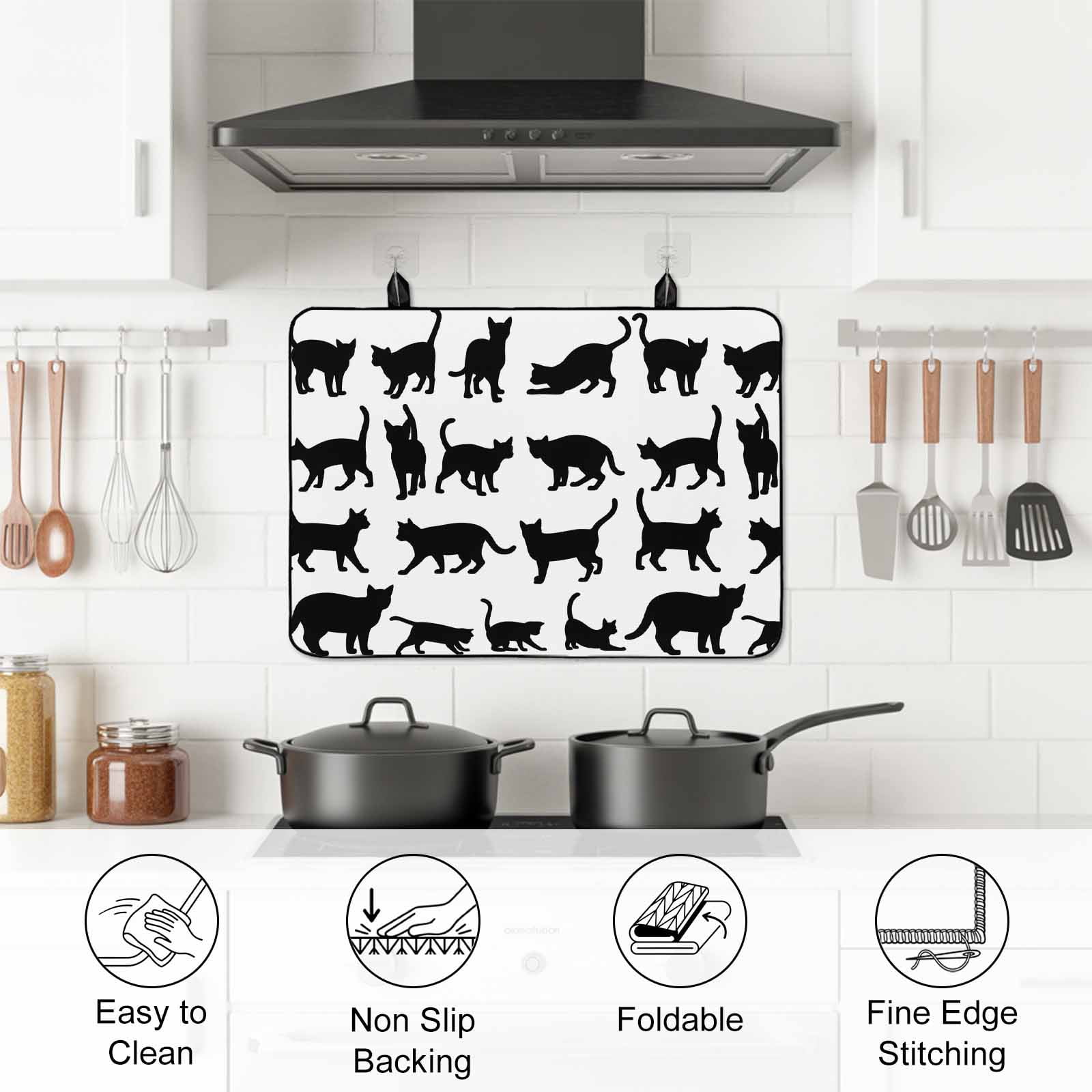 Black Cat Stove Top Cover for Electric Stove, Heat-proof & Non Slip Glass Top Stove Cover Protector, Modern Cartoon Animals Minimalist Kitchen Flat Cooktop Rubber Mat 24x21 Inches