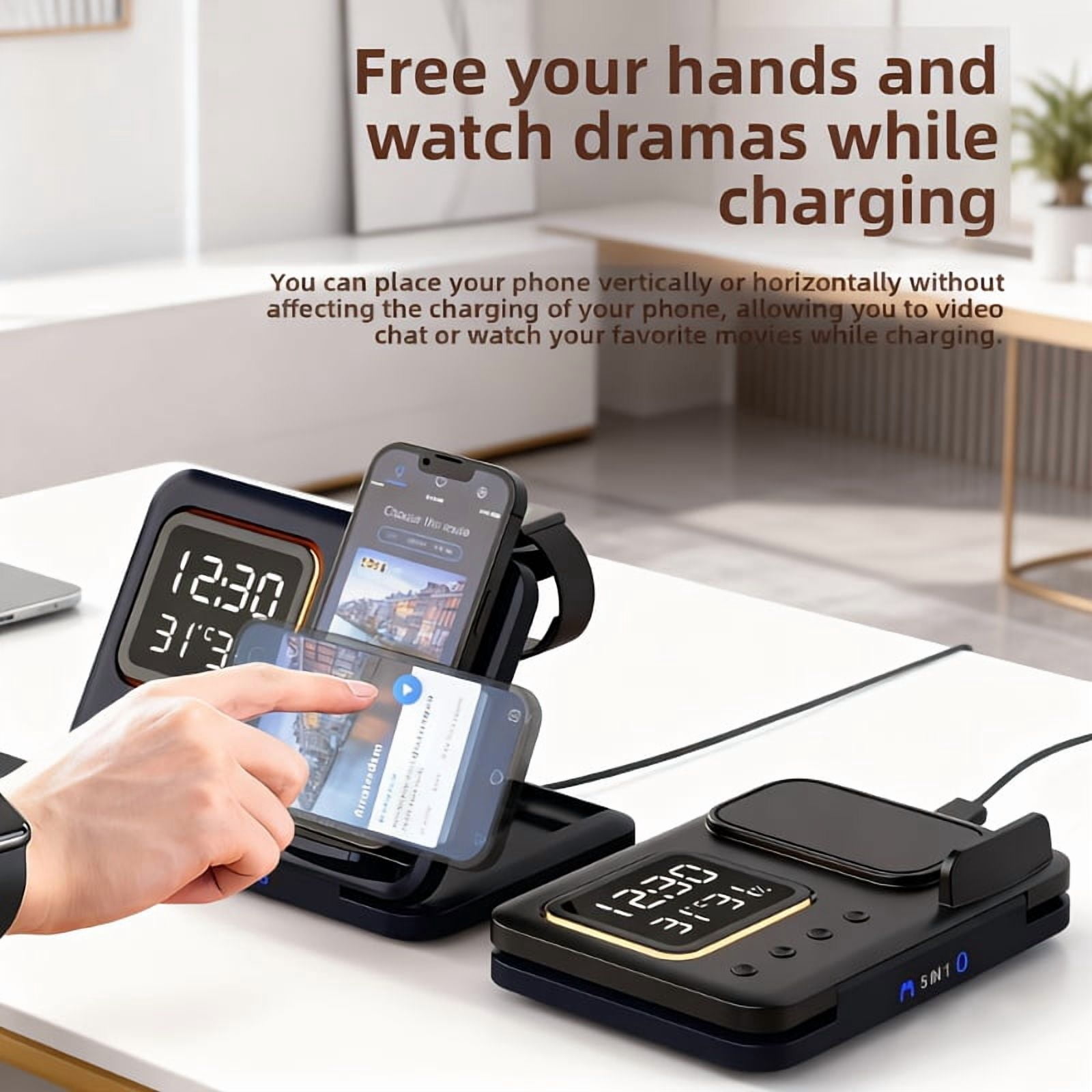5-In1 Wireless Charging Station Adjustable Night Light, Time And Temperature Display, Ambient Lighting Compatible with Apple Iphones, for Airpods, And Watches Convenient Charging, Smart Experience