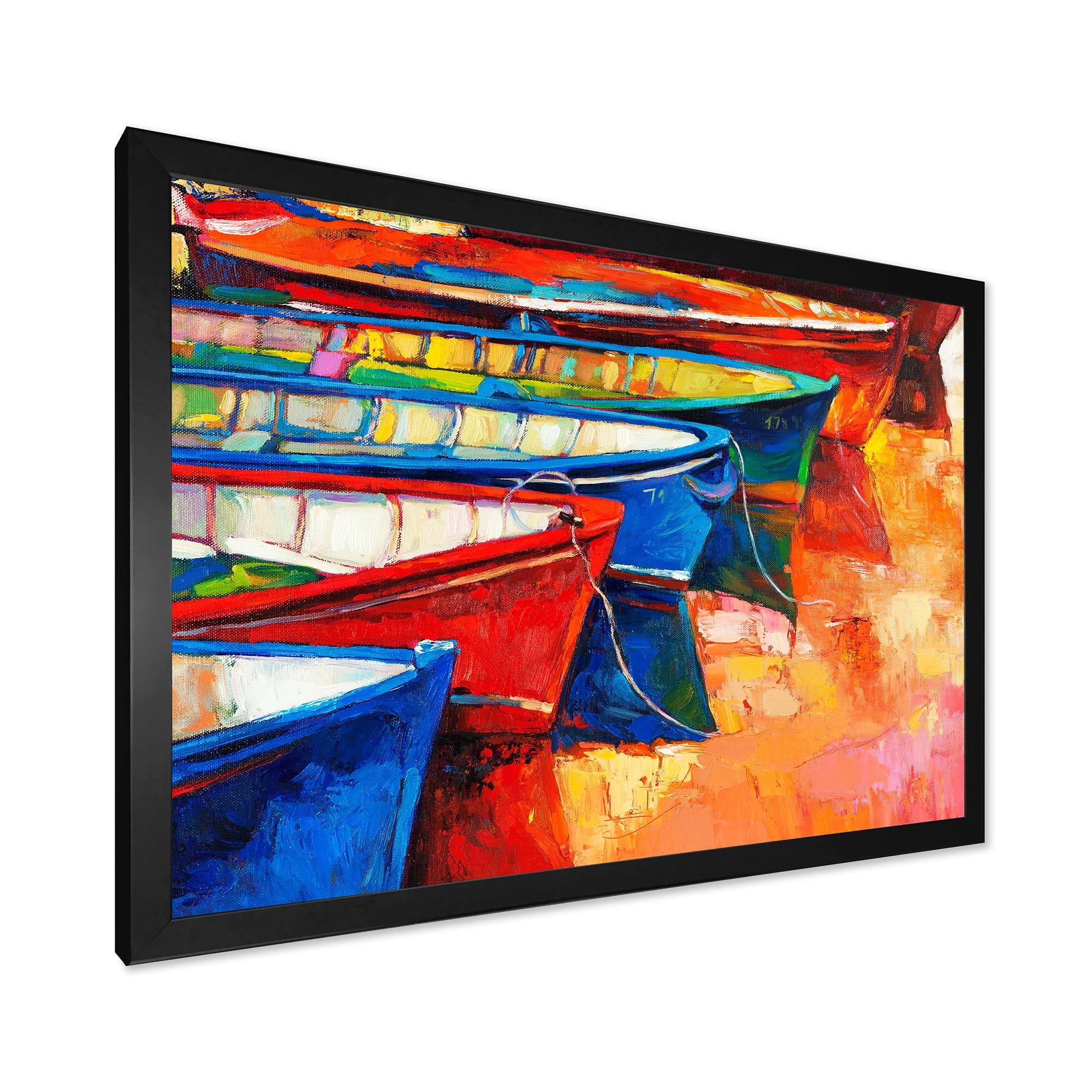 Boats During Warm Colour Sunset In The Harbor II 32 in x 16 in Framed Painting Canvas Art Print, by Designart