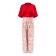 thumbnail image 5 of GILIGEGE Women Floral Print 2 Piece Set Deep V Neck Short Half Sleeve Top Wide Leg Flared Long Pants Matching Business Formal Wedding Guest Casual Summer Fashion Suit Daily Outfit Wear Red, 5 of 7