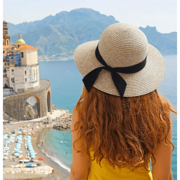 Women's Beach Sun Straw Hat UV Protection Traveling Foldable Brim