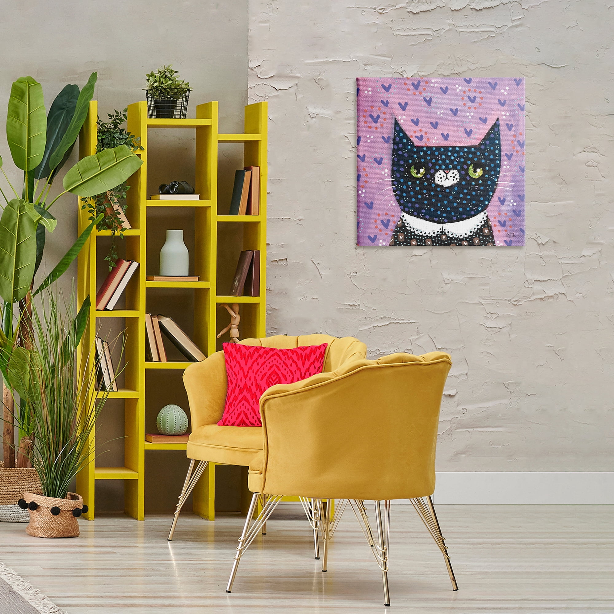 Stupell Industries Whimsical Patterned Cat Animals & Insects Painting Gallery Wrapped Canvas Art Print Wall Art, 24 x 24