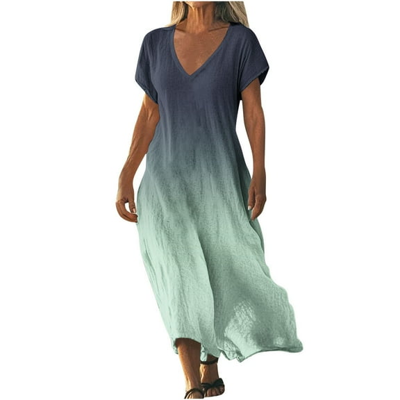 gakvbuo Summer Dress For Women Maxi Dress T-Shirt Dress Women's Fashionable Printed V-Neck Short Sleeve Dress Long Skirt