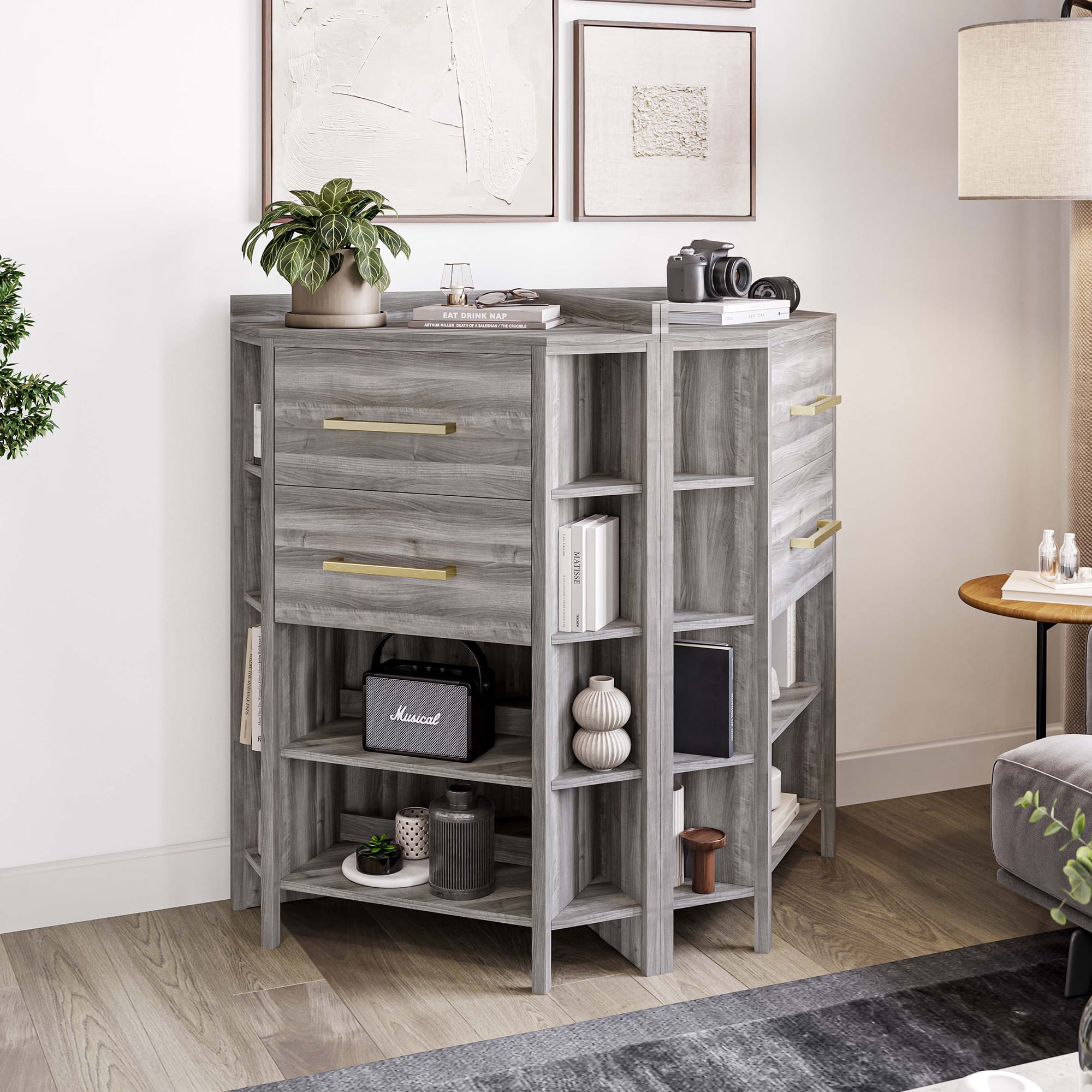 BELLEZE Corner Cabinet with Power Strip, Corner Table with 2 Storage Drawers and 10 Shelves, Store and Organize Home Furniture for Small Space - Sonoma (Gray)