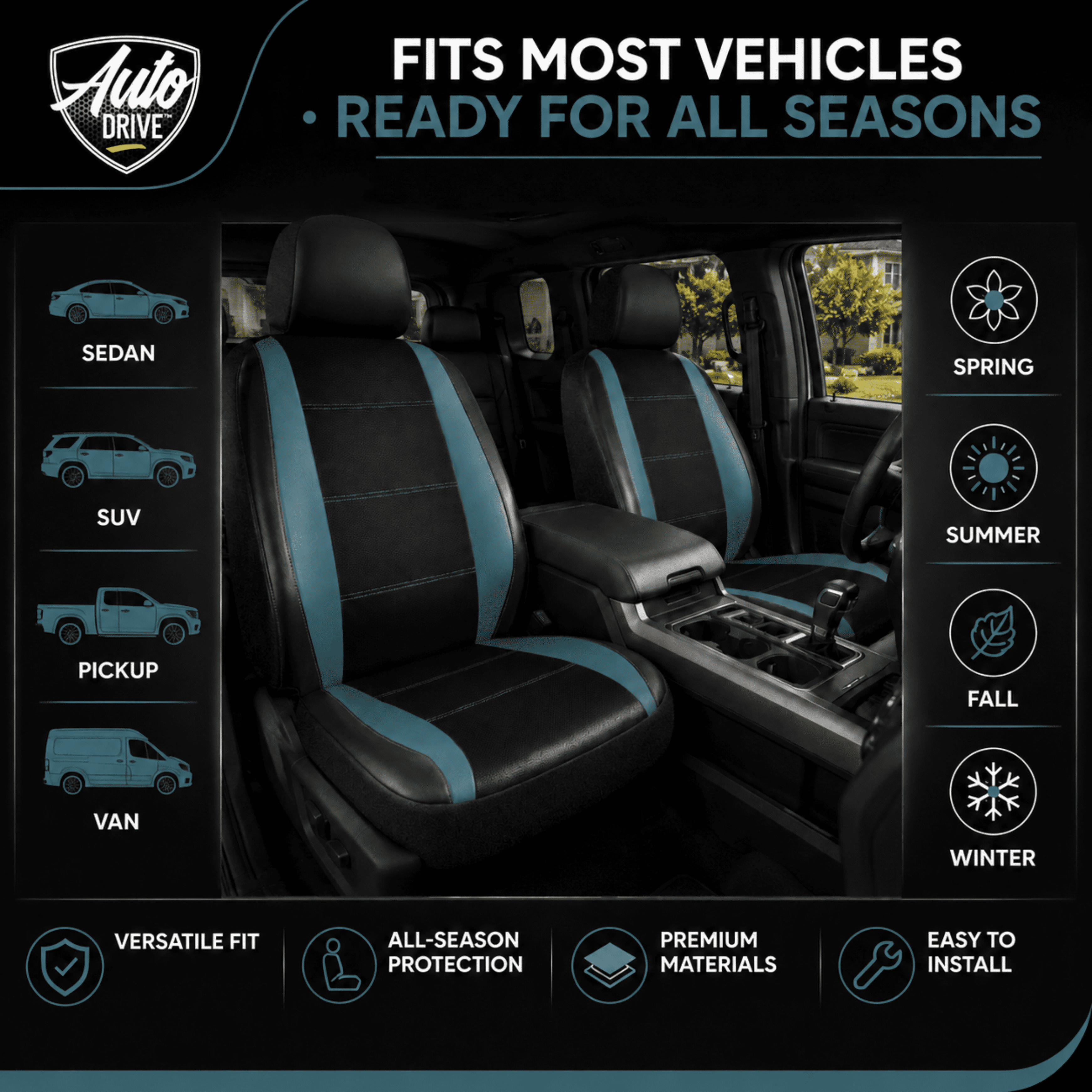Auto Drive Car Seat Covers, Two-Tone Fabric Front Seat Protector, Breathable Comfortable, Anti-Slip Airbag Compatible Universal Fit for Cars SUVs Trucks,Blue