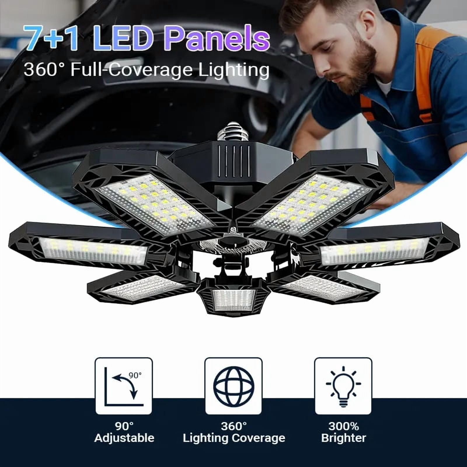 Foldable Garage Light Deformable Bright Shop Ceiling Bulb Lamps Barn Warehouse Garage Foldable 7+1 Panel Work Light  Easy Installation, 2 pack