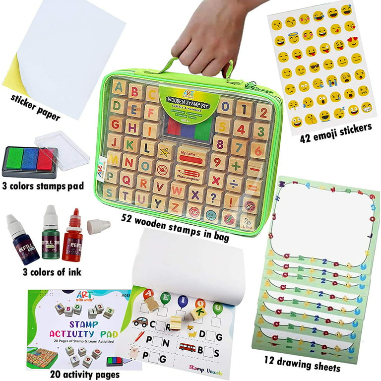 Wooden Stamp Set for Kids With Alphabet Stamps and Carry Case 72 Pcs  Letters, Numbers, Emojis, 3-color Washable Ink Pad, 3 Refill Bottles 