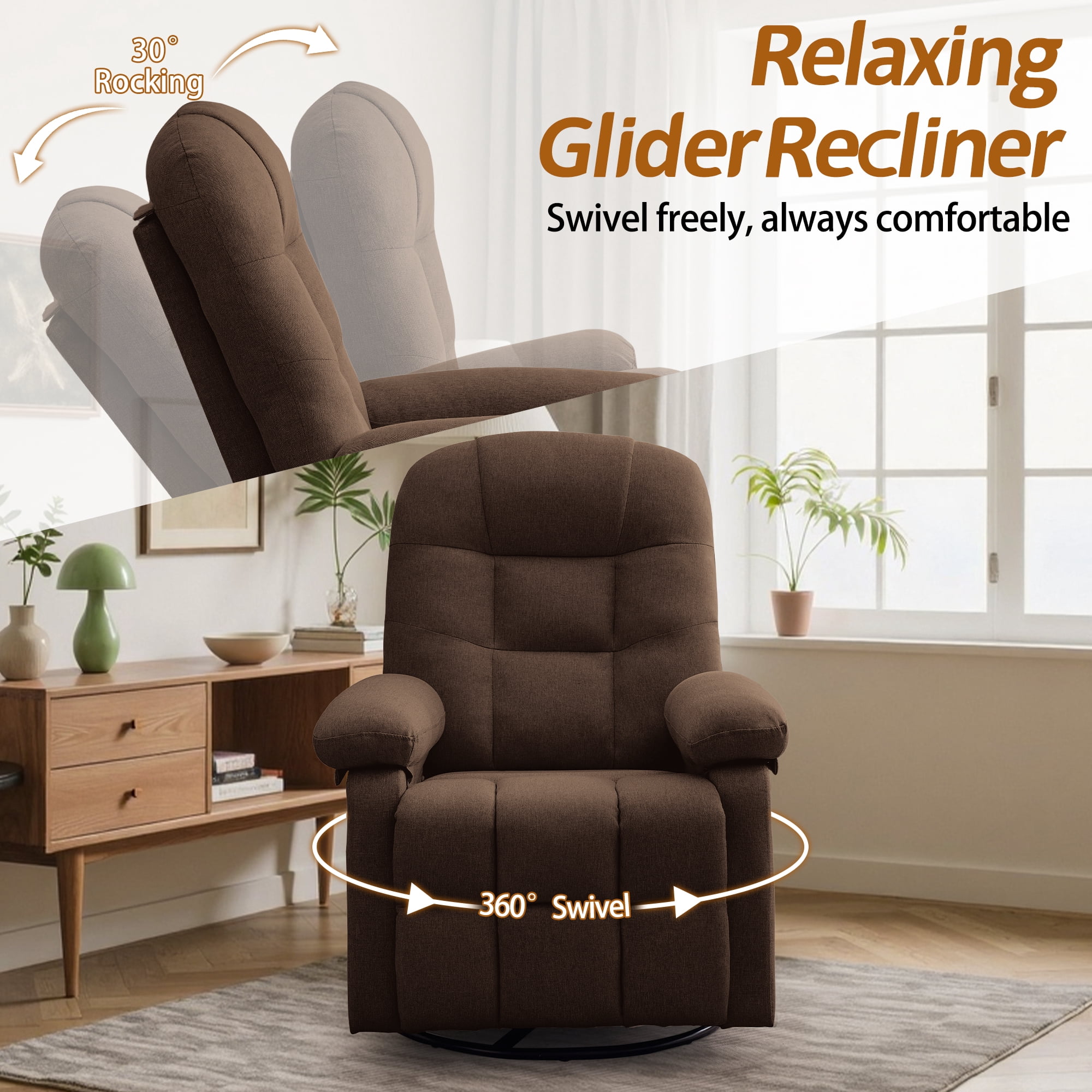Korser Manual Swivel Rocker Recliner Chair for Living Room,Small Recliner Sofa for Small Spaces,Linen Fabric,Brown