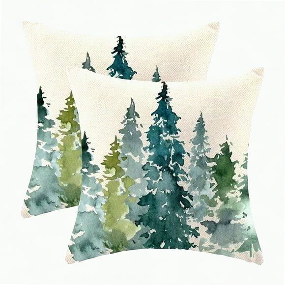 Forest Green Nature Pillowcase Set - Watercolor Tree Decorative Cushion Covers 16x16 Inch (Pack of 2) for Indoor Outdoor Sofa Bedroom Living Room Décor