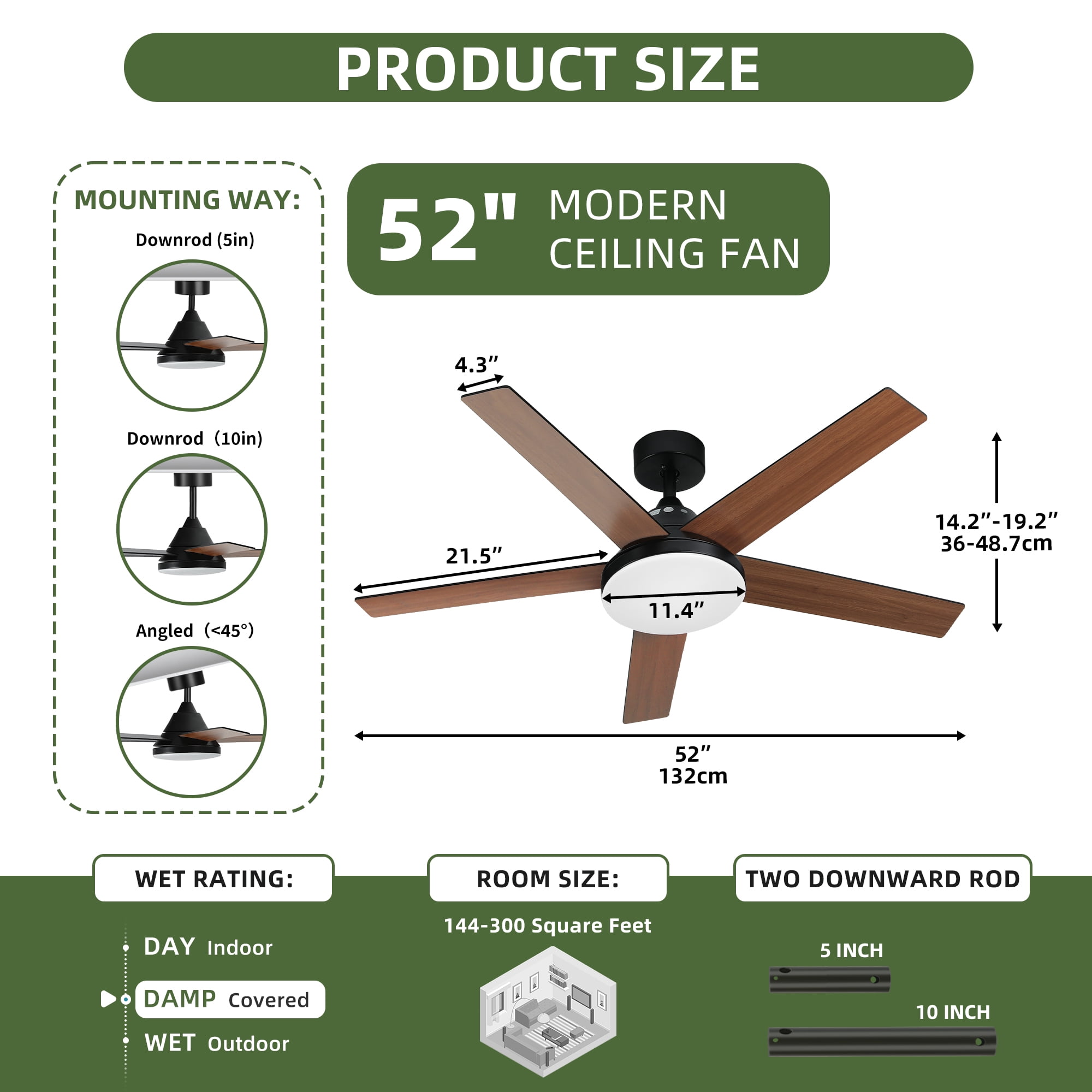 Uforic 52" Downrod Ceiling Fans with Light and Remote Control,5 Blades Outdoor Ceiling Fan - Brown