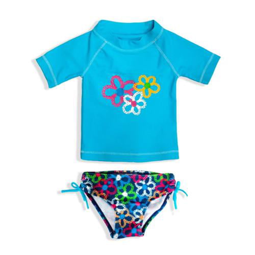 Nickanny's - Girls Rash Guard Two Piece Blue Floral T-Shirt Swimsuit ...