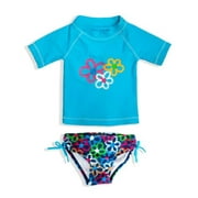 Girls Rash Guard Two Piece Blue Floral T-Shirt Swimsuit Top and Bottom UPF 50 (6X)