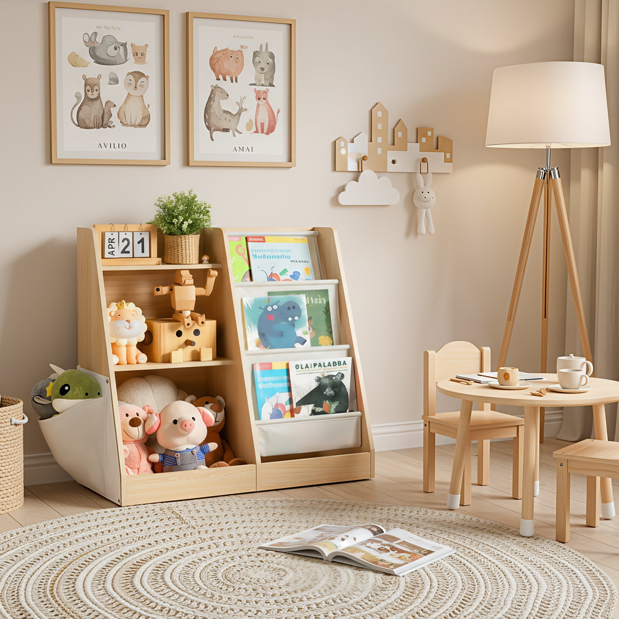 MAYEERTY Natural Wood Kids Bookshelf, 3-Tier Bookcase with Side Pocket, Children's Storage Organizer for Books & Toys