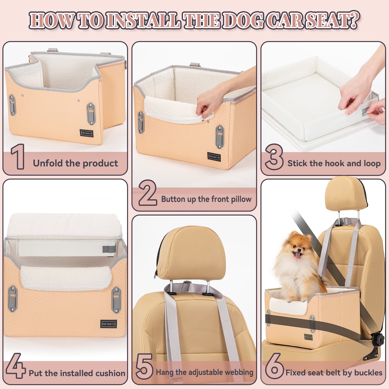 PETSFIT Cat Car Seat, Waterproof PU Leather ,Patent Safe Buckles, Dog Booster Car Seat for Small Pets up to 25lbs (Orange)