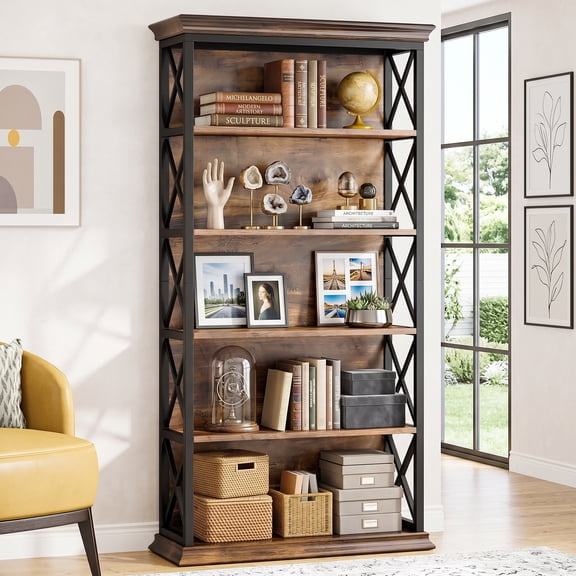 Fnova 71" Tall Modern Bookcase, 6-Tier Industrial Metal Bookshelf, Large Etagere Display Shelves for Living Room, Bedroom, Rustic Brown