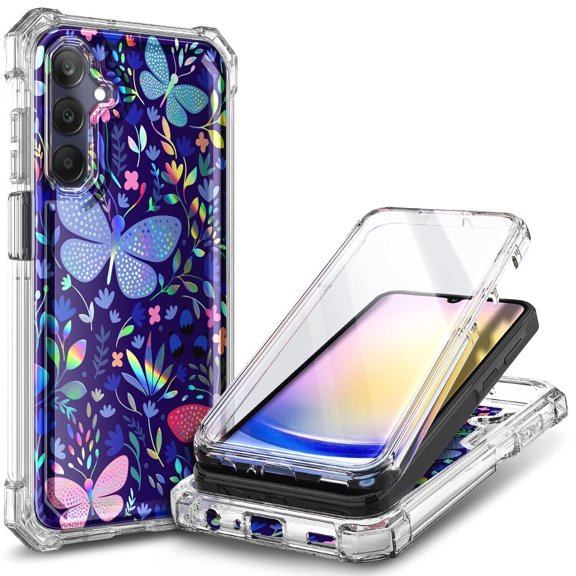 Nagebee For Samsung Galaxy A25 5G Phone Case with Built-In Screen Protector, Full-Body Protective Shockproof Rugged Bumper Impact Resist Durable Phone Cover (Butterfly)