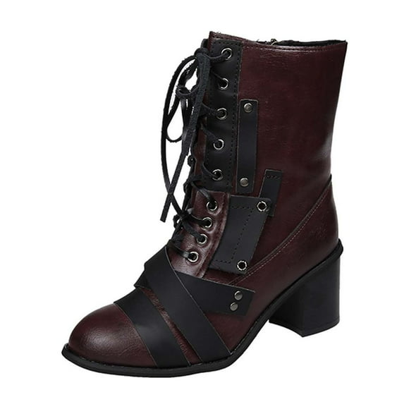 Jsaierl Women’s Combat Boots Lace up Mid Calf Boots Low Heel Chunky Platform Lug Sole Boots