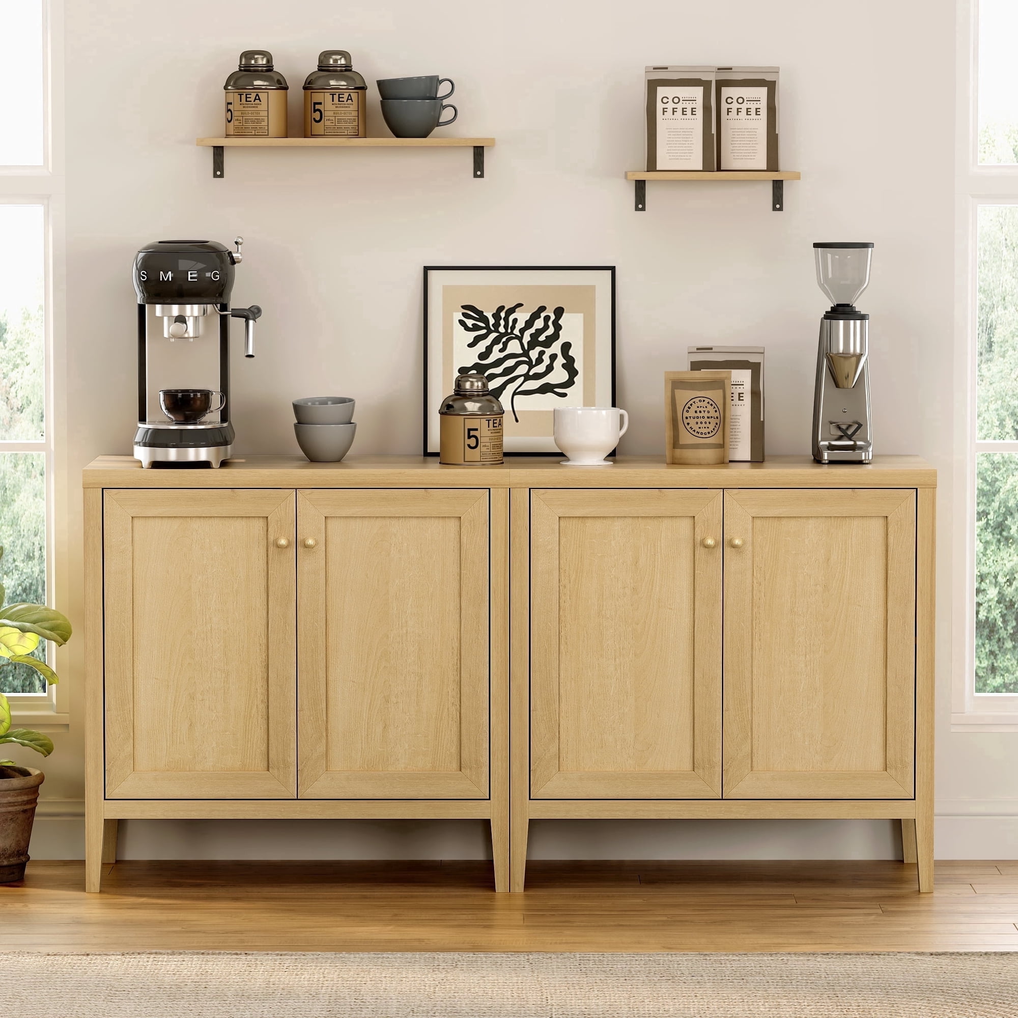 EYYTHUNG Sideboard Buffet Cabinet Set of 2 with Adjustable Shelves, Farmhouse Credenza Versatile Storage Cabinet Accent Furniture, Natural Oak