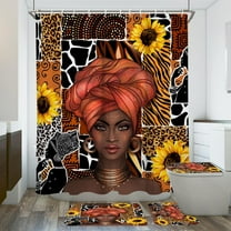 Black Woman Shower Curtain Set Afro Girl Bathroom Decor Accessories 72"x72" Sunflower Elegant Sexy African American Lady Waterproof Non-Slip Rugs Toilet Lid Cover U Shaped Mat Fabric 4 Pcs