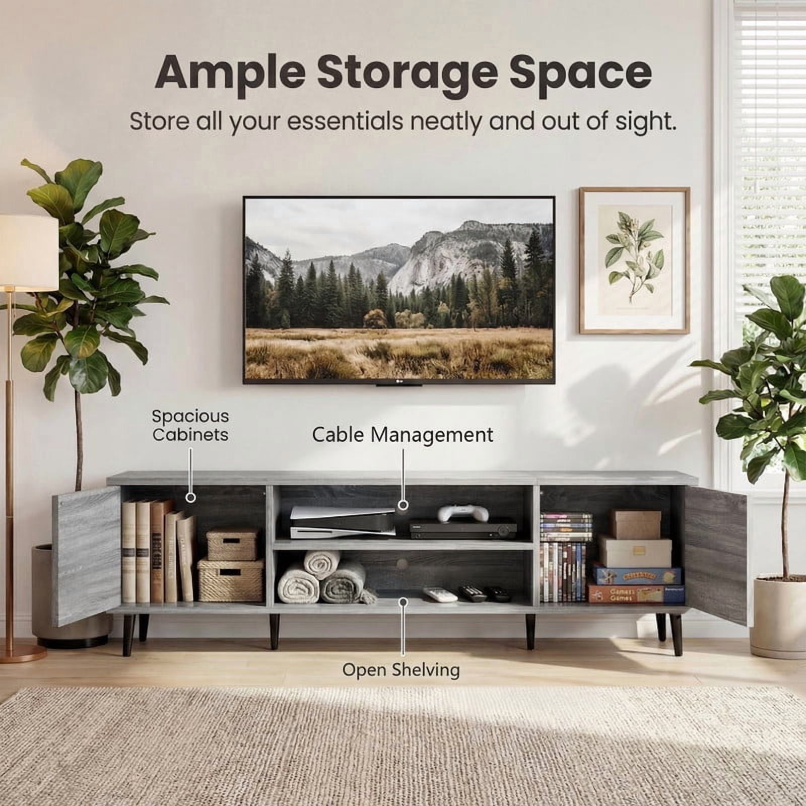 Homall 63'' Mid-Century Modern TV Stand for TVs up to 70 Inches, Wood Entertainment Center with Storage Cabinets & Open Shelves, TV Console Table for Living Room, Gray