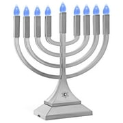 Zion Judaica 9 LED Hanukkah Menorah Silver Powered by Batteries or USB Type C Cable Flameless Chanukkah Candleholder USB Electric Minorah Bulbs Chanukah Decoration Lights Hanukkiah