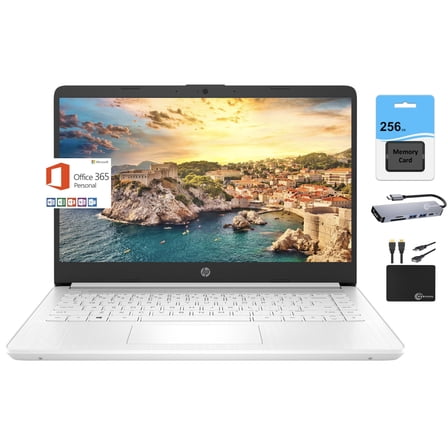 HP Newest 14" HD Light Thin Laptop Student Business, Quad-Core Intel N4120, 16GB RAM, 320GB (64GB eMMC  256GB Card), Webcam, Wi-Fi, Long Battery, Windows 11S  1 Year Office 365, White MarxsolAccessory