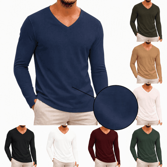 Frnrwgo Mens Thermal Base Layer Long Sleeve Shirts Solid Color V-Neck with Thumbholes Fall Winter