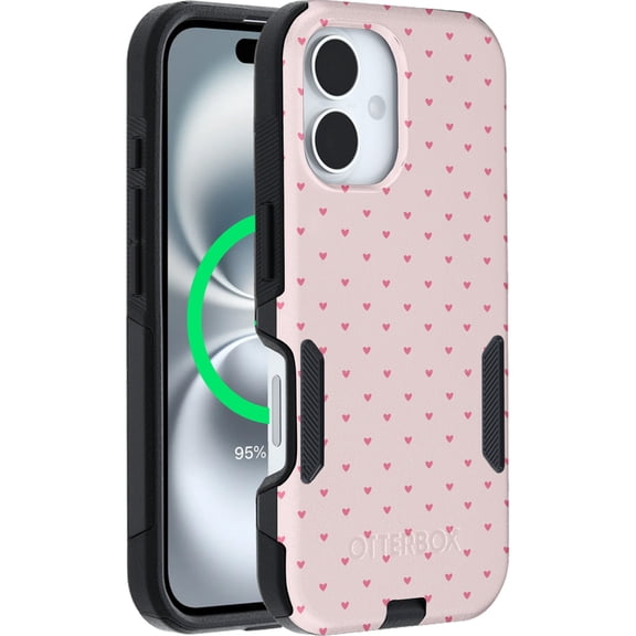 OtterBox iPhone 16 (Only) – Commuter Series Case – Built-In MagSafe – Thin, Dual-Layer, Pocket-Friendly, Port Cover – Love is In the Air (Pink Heart)